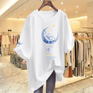 100%純棉T恤 歐貨大版T恤 白色短袖T恤女 夏季大尺碼T恤 2025年新款T恤 寬鬆圓領上衣ins潮 中長款印花上衣
