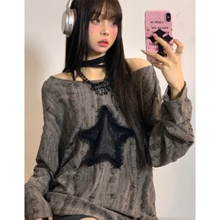 ♦設計感灰色機能風性感辣妹T恤 女秋季星星破洞寬鬆長袖打底上/衣 長袖上衣 韓版上衣 寬鬆上衣#1