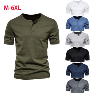【M-6XL】大尺碼亨利衫 夏季潮流修身短袖T 美式亨利衫 美式上衣 V領短袖T 圓領短袖T恤衫 男式修身純色運動 短袖