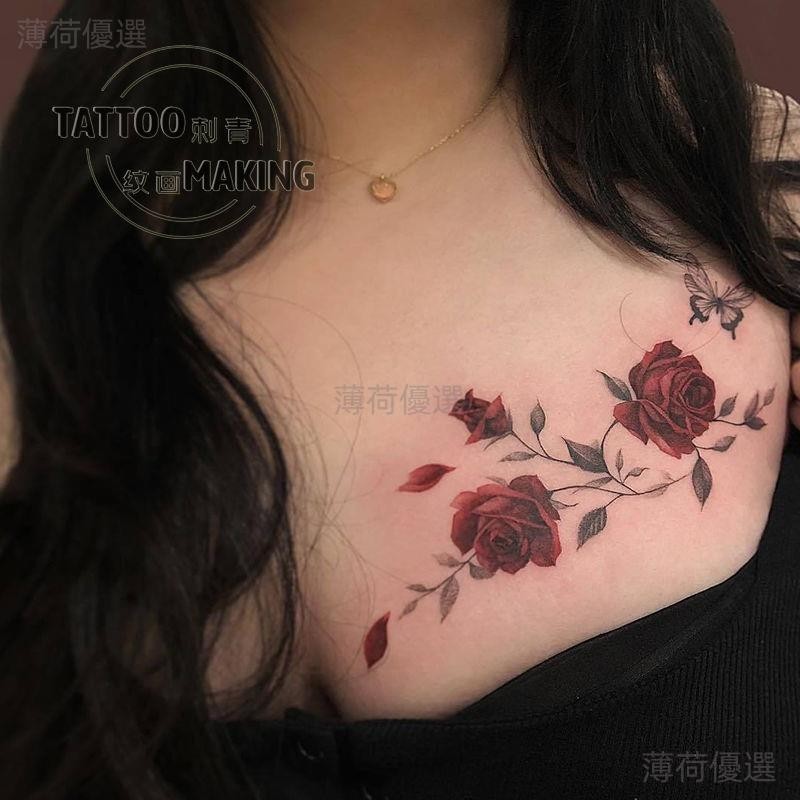 【一份兩張】紋身貼紙玫瑰花胸前暗黑紅色蝴蝶刺青防水持久女男潮 紋身貼紙 微刺青 輕紋身 刺青貼紙 紋身貼 bh