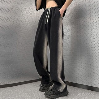 【福園】紮染漸變抽繩牛仔褲美式高街hiphop褲子男水洗複古寬鬆微喇直筒褲