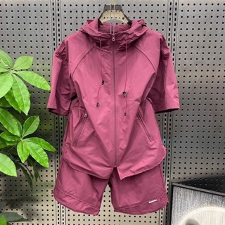 【福園】夏季輕薄透氣防曬連帽短袖短褲兩件套潮流戶外工裝純色運動套裝男