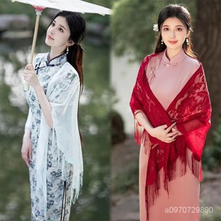 🌟全場免運 中式旂袍披肩女 三角披肩 春夏 外搭開衫 氣質蕾絲流蘇古風圍巾 披肩 外搭 漢服披肩 拍照 攝影 jyq3