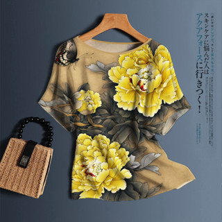 夏季冰絲T恤女|新中式冰絲上衣|印花圓領T恤|寬鬆顯瘦遮肚上衣|大碼媽媽裝打底衫|媽媽裝大碼上衣|大碼女裝上衣|阿嬤衣服