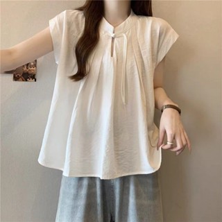 新中式襯衫女 設計洋氣女裝百搭夏季中式國風短袖禪意白色盤扣襯衫寬松遮肉上衣 中國風上衣 設計感短袖襯衫女 女生短袖上衣