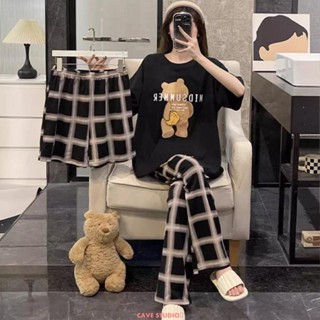 【熱賣推薦❤】撞色可愛kt貓夏季睡衣女短袖長褲加短褲三件套寬松大碼家居服夏天