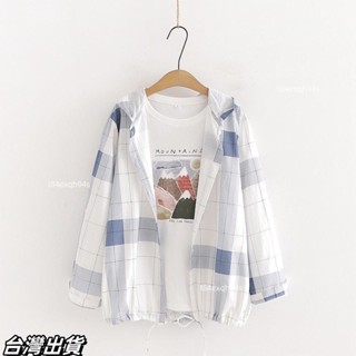 毛毛家✨日系大尺碼女裝夏季小清新冷鋒衣防曬衣 格子連帽棉麻短外套 女長袖韓風上衣