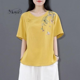 滿200出貨·民國女裝唐裝漢服現代中國風棉麻中式茶服復古盤扣民族風上衣女 短袖t恤 中大尺碼女裝 短袖上衣 寬鬆上衣 文