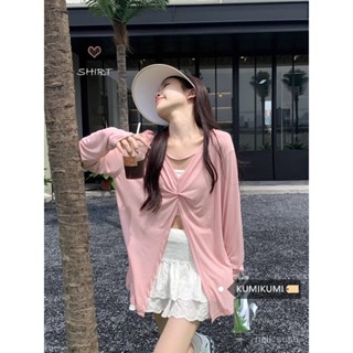 [限時特賣]T恤 短袖T恤 短袖上衣 女生上衣兩穿扭結設計感小眾長袖粉色防曬罩衫T恤女夏季薄款寬鬆開叉上衣