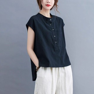 棉麻無袖圓領襯衫夏季純色新款文藝亞麻寬松襯衣大碼上衣短袖背心 復古 中國風 民族風上衣 無袖背心 大碼背心 吊帶背心