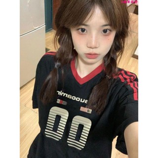 V領短袖t恤🎀美式復古撞色三條槓短袖t恤女夏季球衣穿搭oversize寬松運動上衣