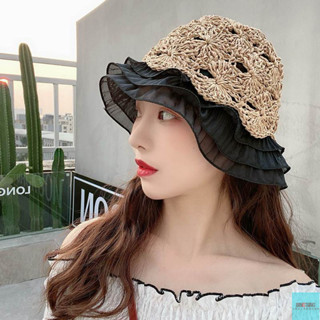 BINGTANG 波西米亞穿搭 自由度假風 鏤空帽 編織帽草帽女夏季手工編織荷葉邊蕾絲鏤空漁夫帽子沙灘遮陽防曬花邊帽潮
