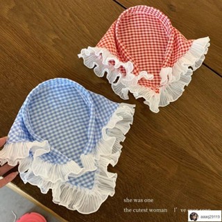Round圓圓🎀新款髮夾 紅藍格子頭巾發箍蕾絲三角巾女包頭田園風發帶高階感海邊拍照頭箍
