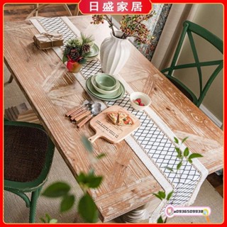 【日盛家居】棉麻桌布 長桌布 簡約桌旗 美式鄉村風長桌旗 菱形桌巾 桌墊 撞色黑棉線編織流蘇桌布 節日桌布