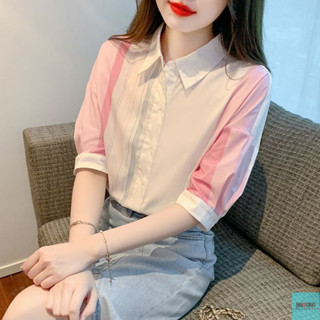 BINGTANG精選女士上衣 襯衫 泡泡袖襯衫 短袖襯衫時尚減齡條紋短袖女士襯衫女夏夏季新款減齡百搭上衣洋氣襯衣