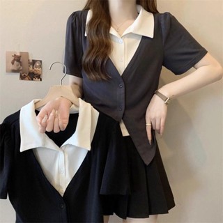 9號倉庫 女士翻領POLO衫 短袖POLO衫 大碼假兩件polo領 短袖t恤女 夏季 短款復古 顯瘦遮肉上衣 V領上衣女