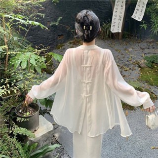 防曬襯衫外套女夏季薄款新中式國風長袖開衫寬鬆時尚雪紡外搭上衣