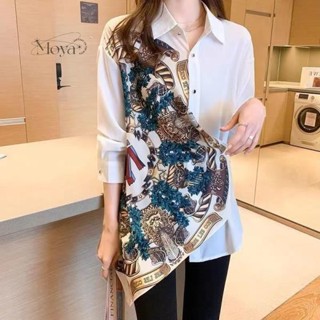 春秋新款設計感復古印花不規則剪裁拼接長袖百搭襯衫上衣女裝 大尺碼 長袖上衣 長袖T恤 內搭衫 新中式上衣 中國風 復古