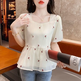 SY夏季新款法式短袖襯衫氣質方口領刺繡短袖上衣女別緻獨特泡泡袖雪紡襯衫雪紡上衣