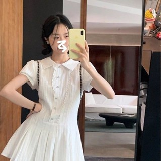 「小隻女」學院風洋裝 甜美洋裝 氣質 襯衫連衣裙 夏季短裙 收腰顯瘦 小個子 設計感 翻領短裙 泡泡袖短裙