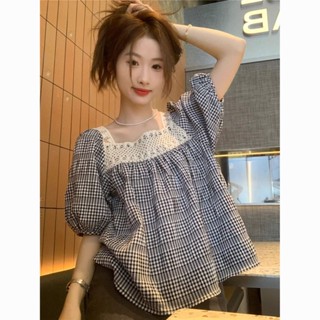 T恤 短袖女 上衣💕法式復古風蕾絲格子泡泡袖娃娃襯衫夏季大碼女裝漂亮小衫百搭上衣
