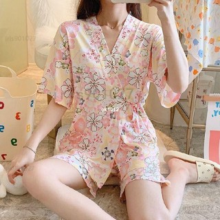 免運 夏季睡衣大尺碼 新款夏季日系睡衣女可愛甜美小香風短袖短褲和服綁帶家居服兩件套