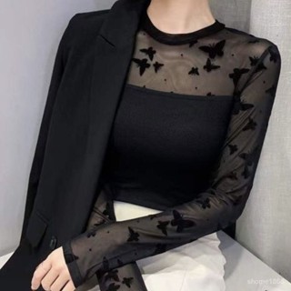 2024爆款✅2024新款蕾絲打底衫女長袖春秋薄款百搭顯瘦高檔圓領網紗上衣洋氣 PZMM
