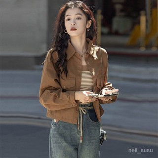 外套女春秋設計感港風上衣複古長袖襯衫洋氣短款純色小個子襯衣女