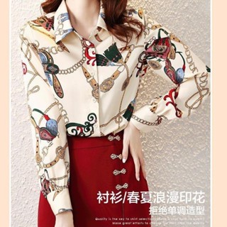 SY長袖襯衫女設計感小眾新款印花寬鬆襯衣春秋款新時尚高級感早秋長袖上衣翻領上衣