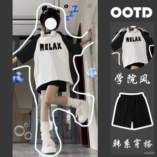 韓版t恤拚色上衣套裝短袖t恤女 女生衣服oversize短袖上衣女美式復古上衣寬鬆上衣休閒短褲女韓係t恤 短袖短褲