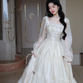 禮服 晚禮服 訂婚服 Blovelan德爾溫特 法式方領長袖提花天絲緞重工宮廷風連衣裙2024訂婚 結婚 輕奢禮服
