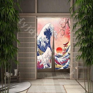 日本富士山門櫻花門口亞麻窗簾 餐廳廚房入口掛 免打孔窗簾 遮光布簾 窗簾布 窗簾 門簾 短簾 簡易窗簾