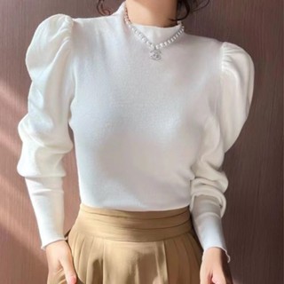 免運❤女生上衣 針織上衣 長袖打底衫 針織毛線衫 中高領泡泡袖收腰打底針織衫女秋冬季新款黑色毛衣設計感上衣