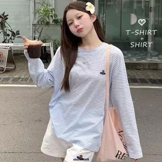 秋季新款薄款防曬衣罩衫顯瘦長袖t恤女空調衫休閑寬松外搭上衣女 圓領上衣 女生衣服 條紋T恤 寬鬆T恤