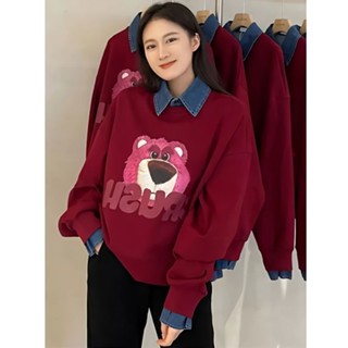 大學t 連帽衛衣 cec超火校園ins風酒紅色圓領衛衣女春秋款韓版草莓熊印花長袖外套 女生衛衣 加絨衛衣 刷毛衛衣 帽t