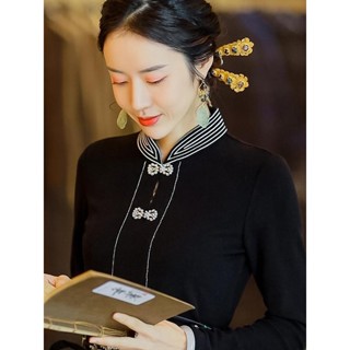 中國風上衣女 2024秋冬國風立領襯衫貴氣繡花打底衫加厚加厚上衣 新中式上衣 長袖襯衫女 大尺碼春秋長袖女