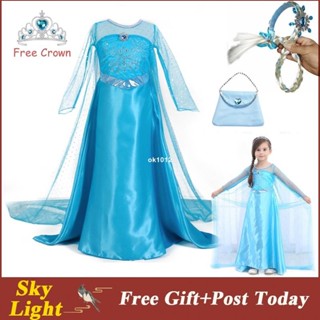 【免運】Elsa Frozen 聖誕萬聖節女孩連衣裙亮片網眼連衣裙帶斗篷手提包皇冠假髮兒童衣服雪之女王斗篷禮服生日禮物全
