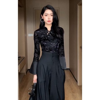中國風上衣女 2024春季新款新中式國風女裝改良旗袍上衣設計感小眾黑色蕾絲襯衫 新中式上衣 長袖襯衫女 大尺碼春秋長袖女