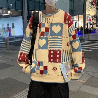 8號倉庫 針織毛衣男 外穿毛衣 日系復古撞色格子愛心圓領毛衣男女潮牌寬松學生情侶慵懶風針織衫 大尺碼毛衣 保暖毛衣