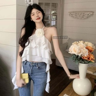 [臺灣免運]夏季度假風性感掛脖荷葉邊吊帶背心女 荷葉邊甜美時尚花朵掛脖設計感背心 素色百搭無袖雪紡衫 出遊必備