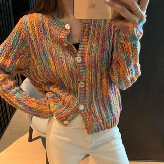 優質長袖✨韓版高品質彩虹撞色毛衣開衫 外套短款上衣 大尺碼女 寬鬆慵懶風針織衫披肩外搭 針織開衫外套