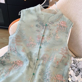 中國風馬甲女 高階重工刺繡馬甲背心女春秋裝新中式國風歐根紗立領坎肩外套上衣 無袖外套 保暖外套 新中式背心外套 休閒外搭