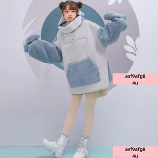 /特價/直銷/大學上衣 自閉鯊魚羊羔絨衛衣外套女冬季加絨加厚寬松連帽上衣可愛情侶絨衫
