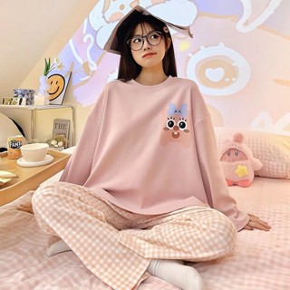睡衣女套裝 卡通韓版少女長袖長褲 學生宿捨可外穿 春秋長袖ins風睡衣 寬鬆傢居服套裝 睡衣套裝 可愛睡衣 長袖睡衣