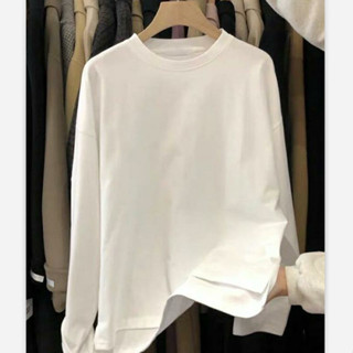 春秋長袖上衣女 純棉開叉加厚磨毛打底衫2024秋冬新款百搭寬松白色長袖內搭T恤女 長袖t恤女 打底衫 保暖衣秋冬內搭上衣