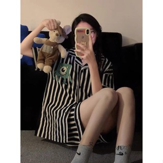 Xuan♥ins黑色條紋高階感睡衣女夏季新款短袖卡通大眼仔夏天家居服套裝