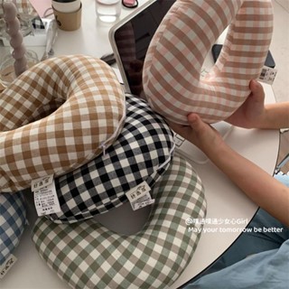 U型枕 頭枕 頸枕💕 簡約格子蕎麥殼護頸u型枕水洗棉頭枕旅行便攜護頸圈學生午睡頭枕 旅行枕 枕頭 護頸枕