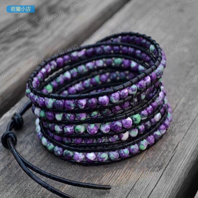 若蘭小店 美國原單新款紫色雨花石串珠友誼手鏈特色時尚純手工長條皮繩手串
