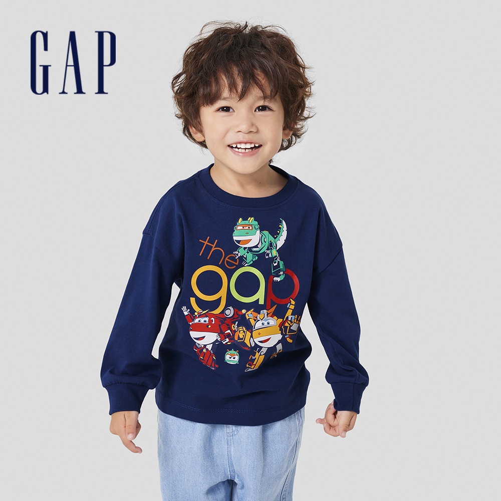 Gap 男幼童裝 Gap x Super Wings聯名 Logo純棉印花圓領長袖T恤-深藍色(765857)