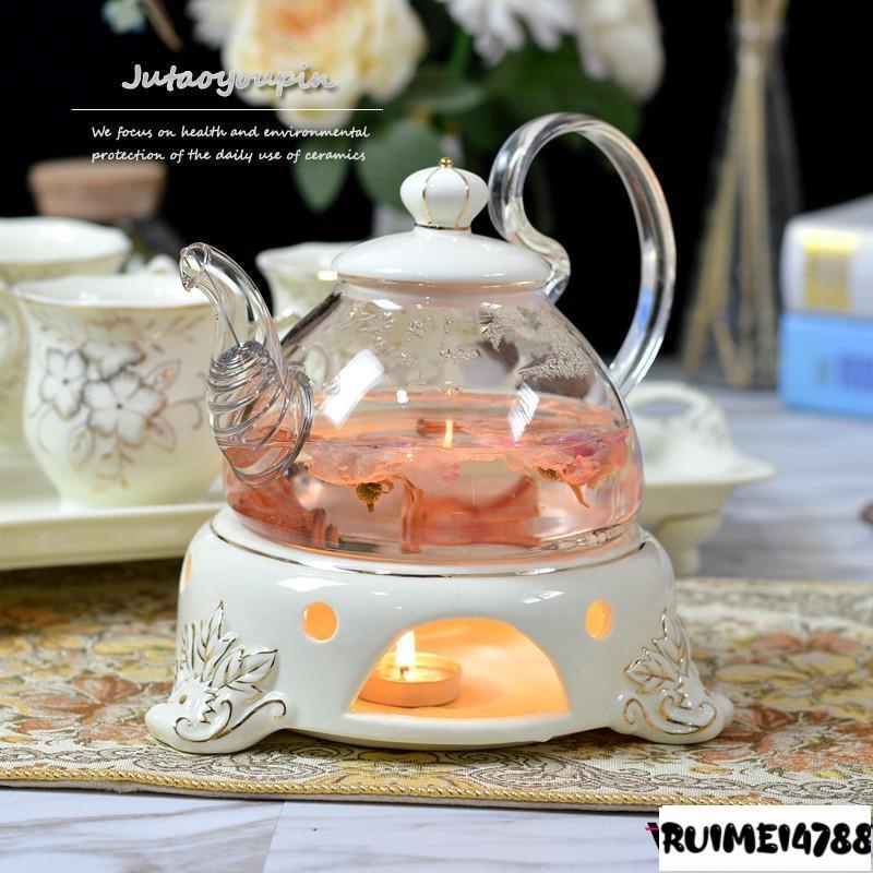 卡曼_歐式花茶壺煮水果茶壺套裝陶瓷玻璃溫茶爐紅茶花草茶具蠟燭可加熱